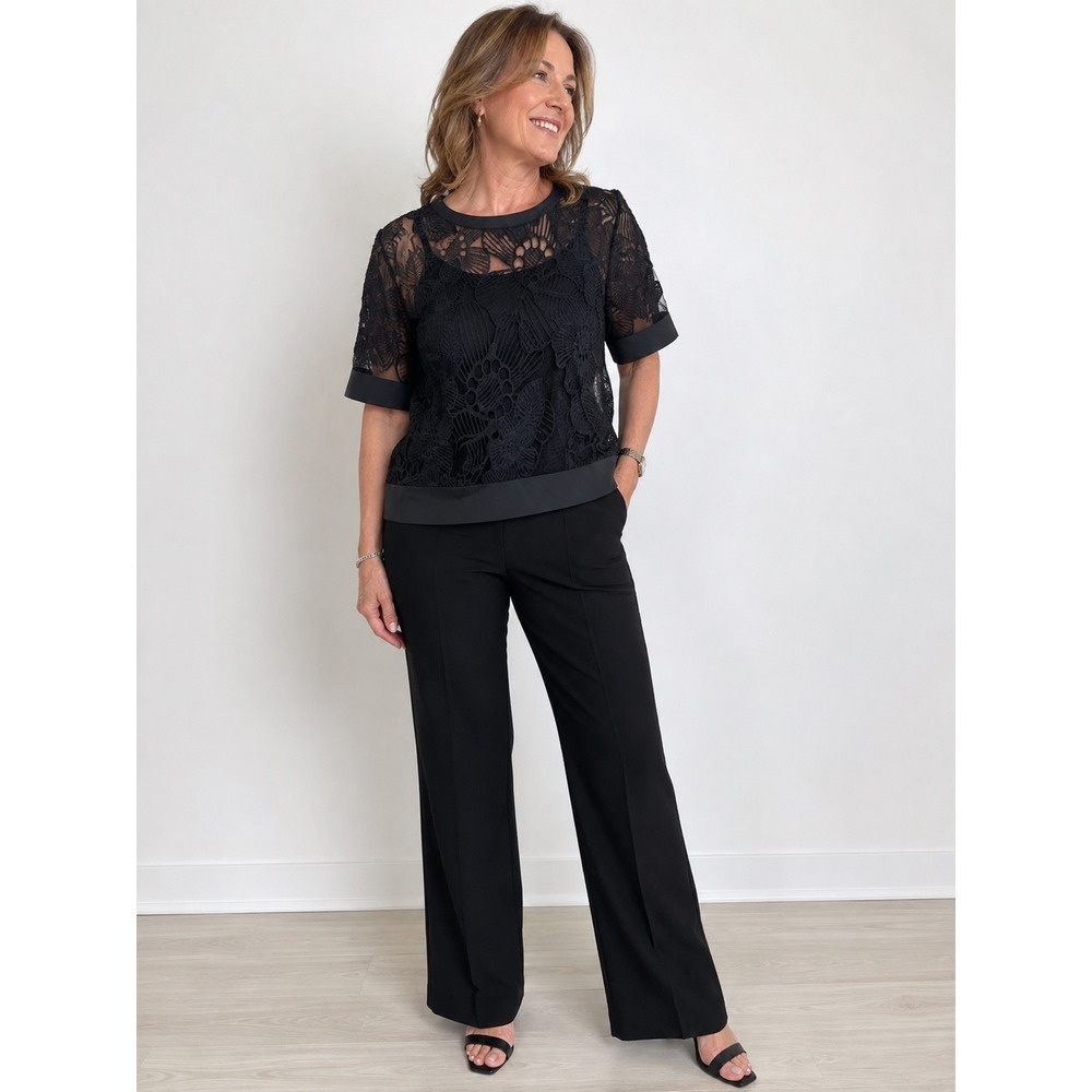 Lafayette 148 New York Top XL Black Sheer Floral Mesh Embroidered Short Sleeve